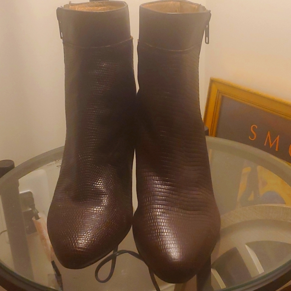Brown snakeskin booties